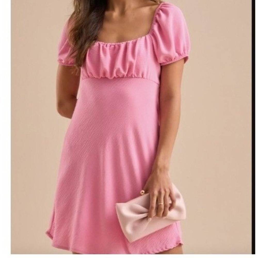 Garden Party Milkmaid Pink Puff Sleeve Mini Dress‎ L Coquette Babydoll Open Back